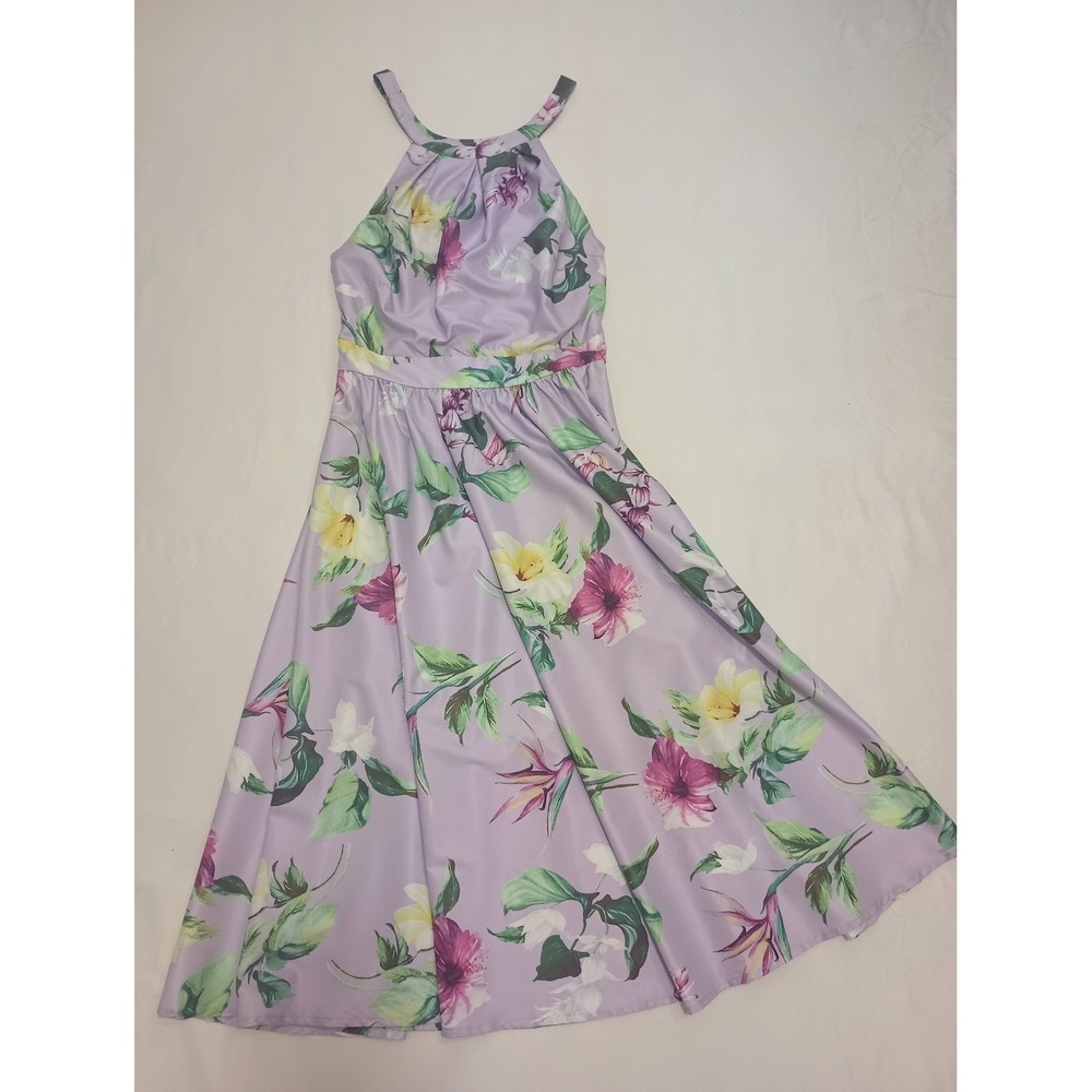 Unique Vintage Lavender Floral Halter Midi Dress Purple XS Granny Chic